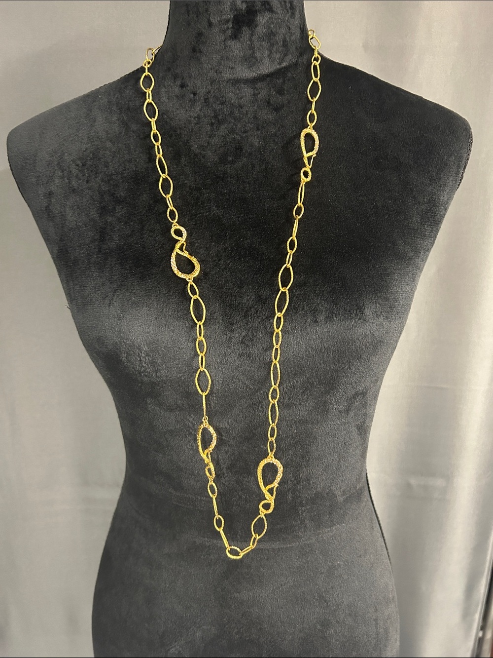 Alexis Bittar long asymmetric gold filled and crystal link necklace. 39”